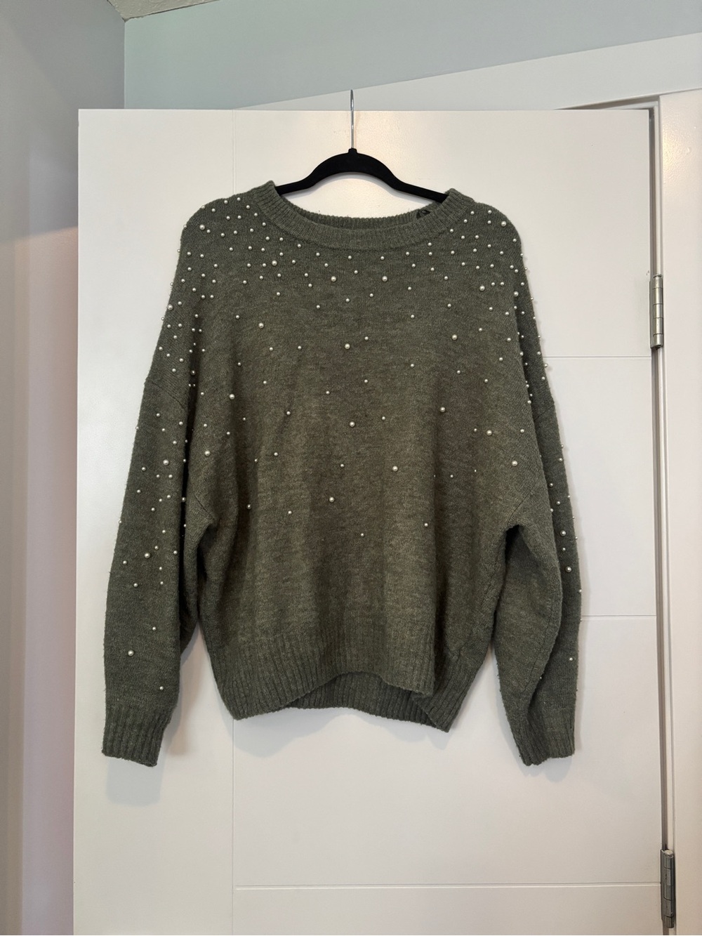 H&M Olive Green Pearl-Embellished Crewneck Sweater